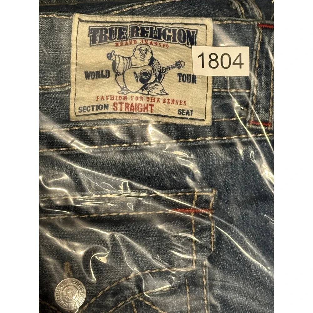 True Religion Straight Flap Old Multi Big T Distressed Blue Jeans Mens 40 X 34